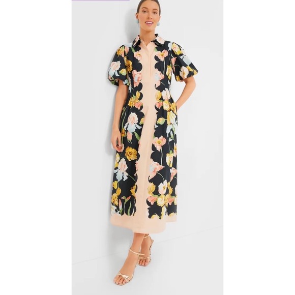 Tuckernuck Dresses & Skirts - Tuckernuck Moonlit Iris Delaney Dress Black Floral Puff Sleeve Midi Size Small